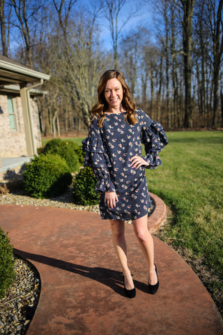Navy floral print dress with sleeve detail