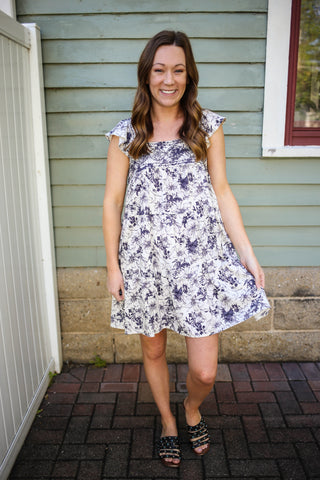 Navy and Ivory Floral Print Babydoll Dress