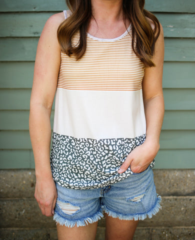 Mustard Stripe and Print Colorblock Tank Top