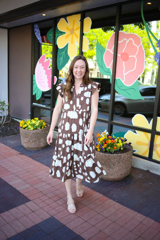 Brown and Cream Printed Midi Dress