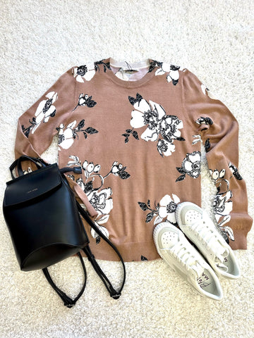 mocha and black floral print lightweight sweater