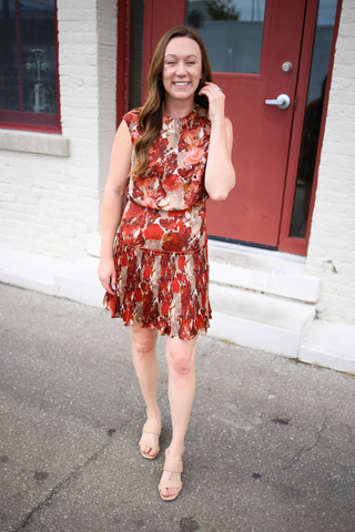 rust and brown floral print dress