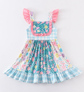 Plaid and Floral Print Ruffle Girls Dress