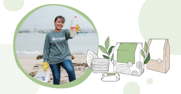 Illustration von LILLYDOO green Windeln, Pants und Feuchttüchern und ein Bild von einer Frau mit Plastikflache in der Hand und Plastic Bank-Shirt