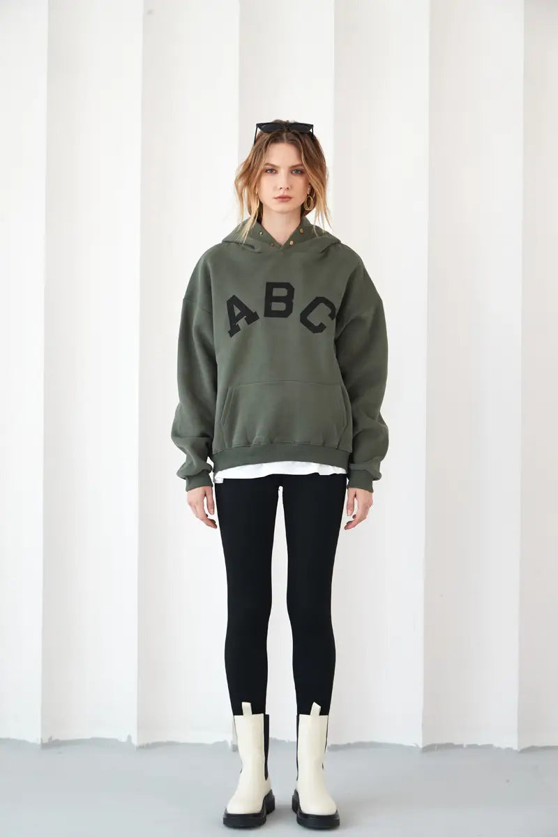 Vintage Hooded Sweatshirt Streetwear Light Gray Dark Green