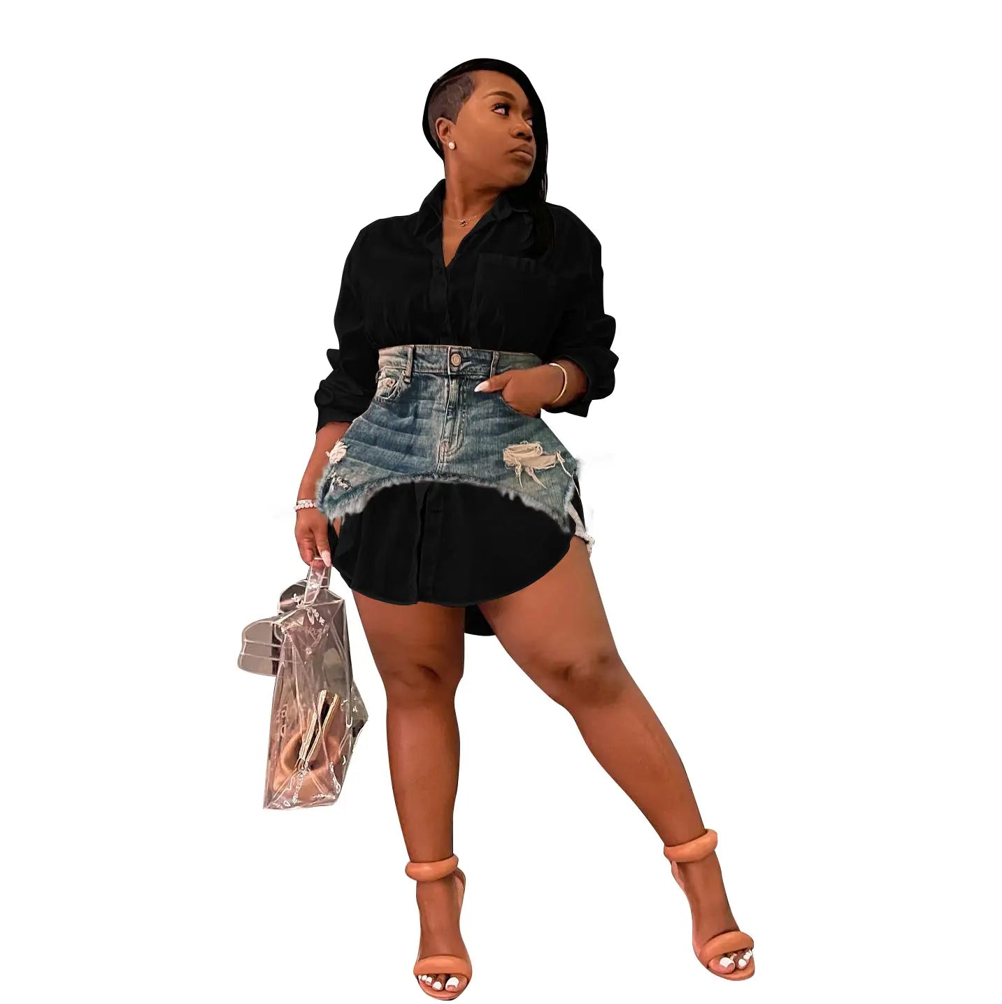 Women’s Patchwork Dress Long-sleeved Shirt Cute Dress Jeans