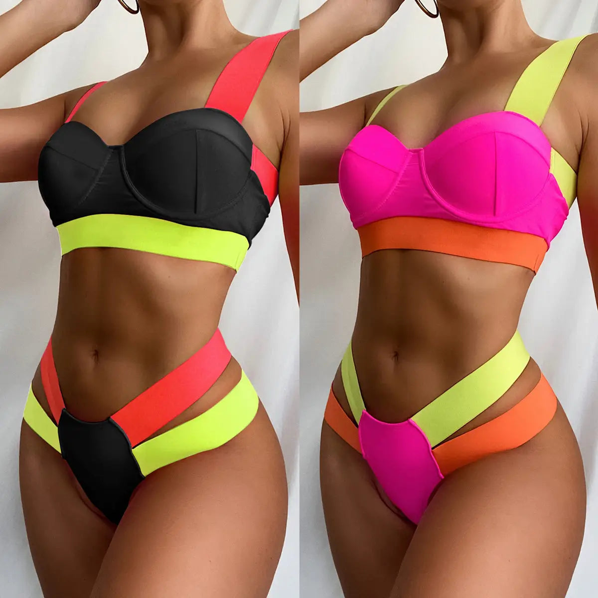 Swimsuits Beachwear Contrasting Bandage Bikini Ladies Hard