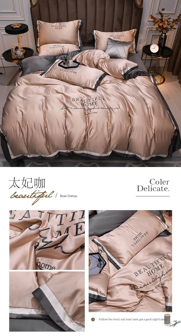 Luxury Bedding Sets Pink Grey White Rayon Embroidery Sheet
