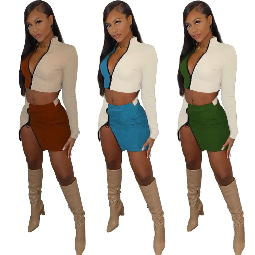 Ribbed sexy Two-piece suit matching supplier zipper short