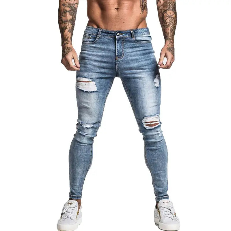 Gingtto Men Jeans Skinny Stretch Repaired Jeans Light Blue
