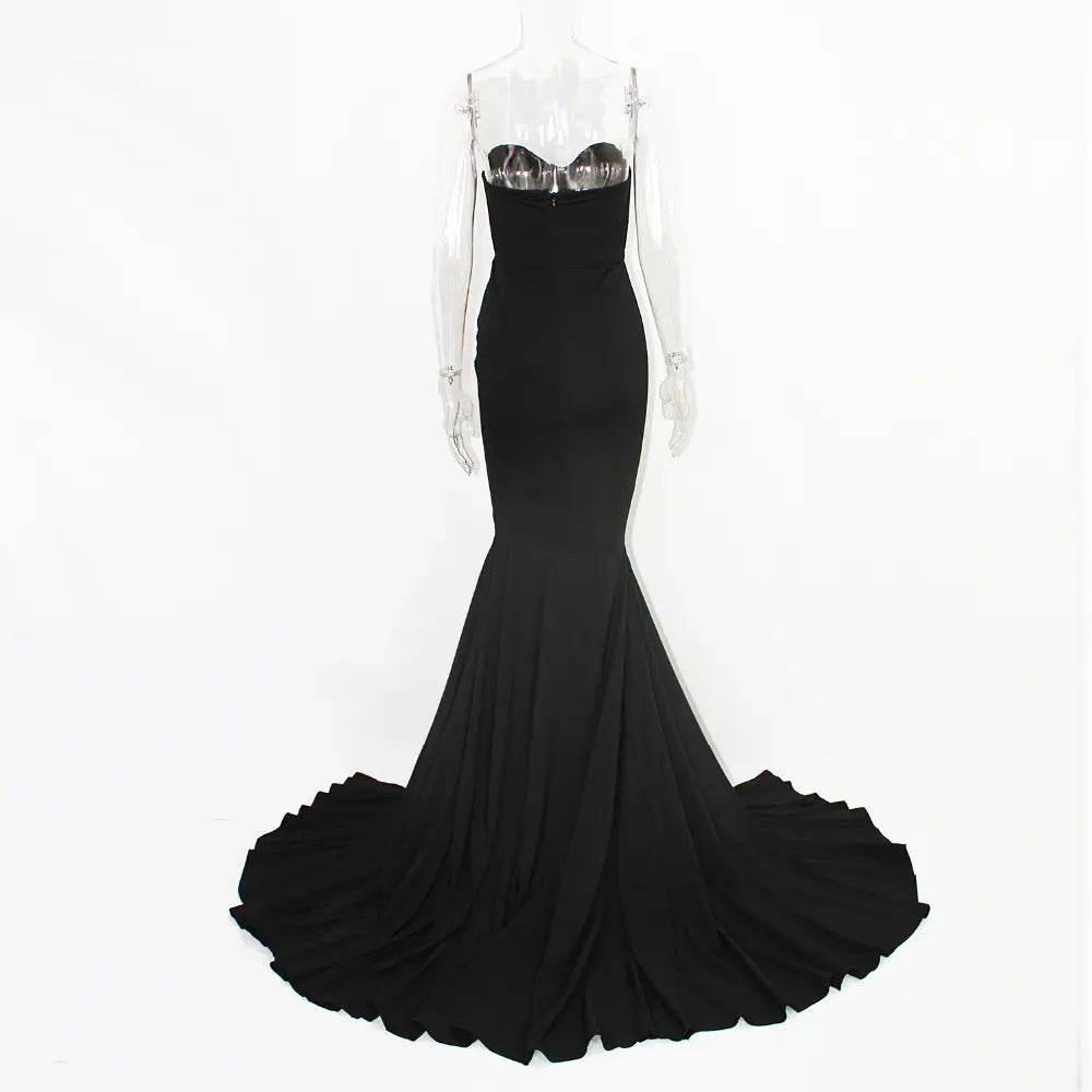 Sexy Strapless Long Black Maxi Dress Front Slit Bare