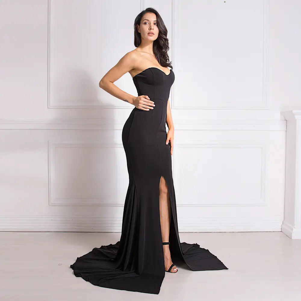 Sexy Strapless Long Black Maxi Dress Front Slit Bare