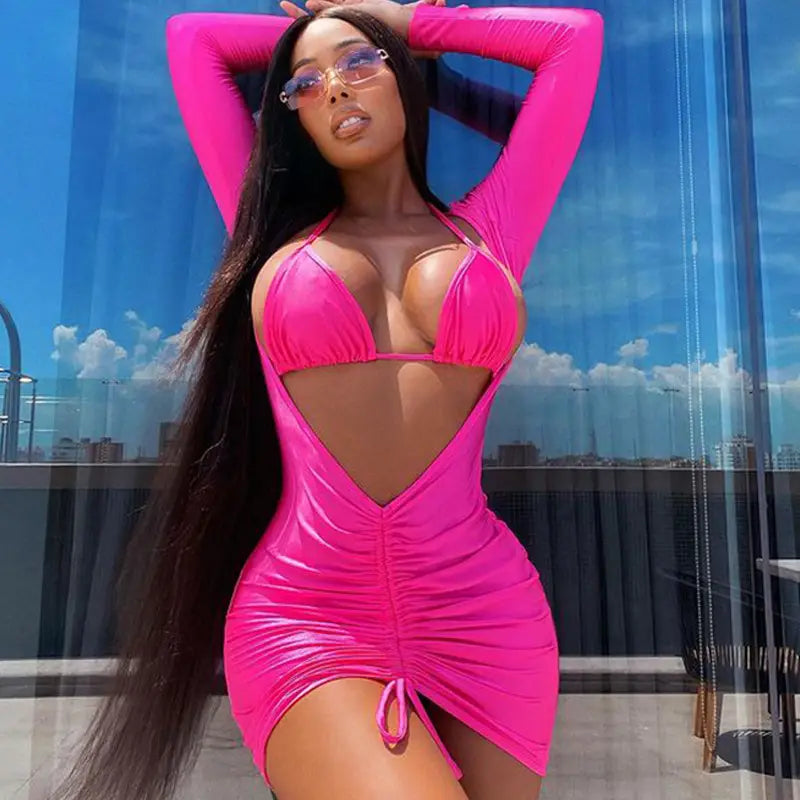 Fashion Bath Suit Solid Swimwear Thong Swimming Costume Pink