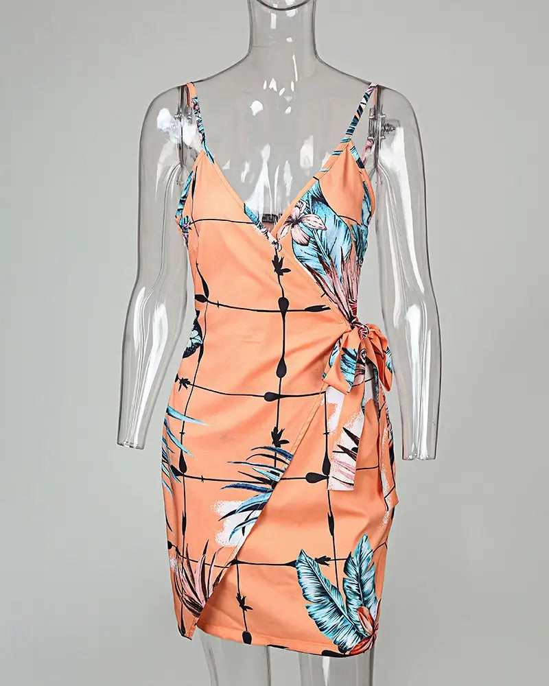 Tropical Print V-Neck Wrap Casual Dress Women Sleeveless