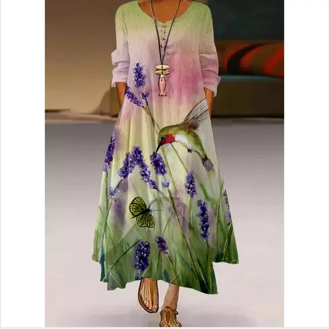Floral Parrot Print Maxi Long Dress Women’s Fashion Party