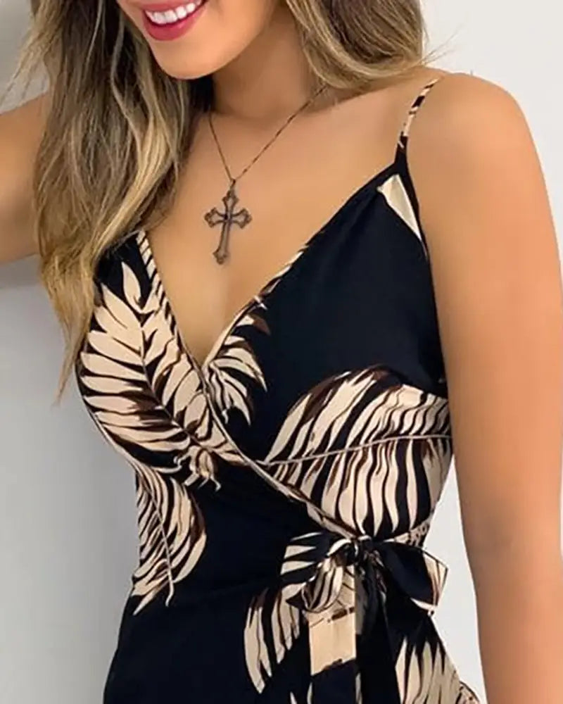 Tropical Print V-Neck Wrap Casual Dress Women Sleeveless
