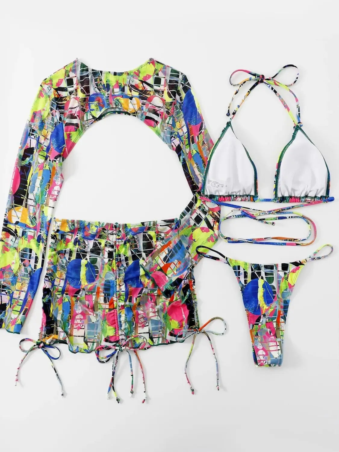 colorful long sleeve g string bikini print bandeau swimsuit
