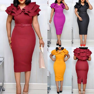 Fashion Women Dresses Summer 2022 Office Lady Solid Color V Neck Short Ruffled Sleeve Belt Bodycon Midi Dress New Vestidos Robe - Mega Mart Center