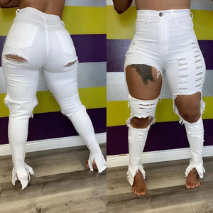 Echoine Sexy  Hollow out Flare denim Pants White Ripped jeans High Waist  Bodycon Hole Women Trousers Club Outfits 2023 - Mega Mart Center