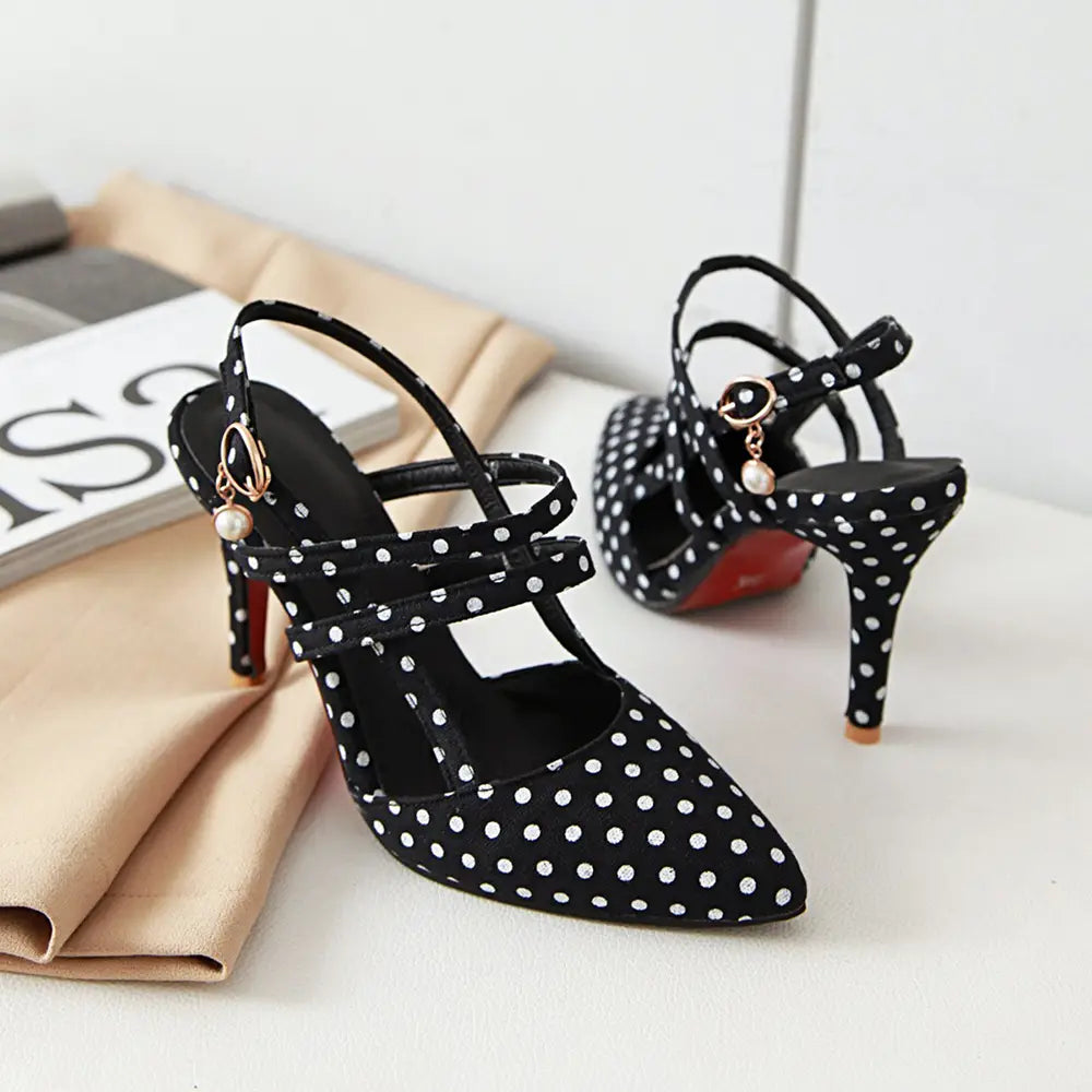 Shoes Woman Polka dot Pointed Toe Sandals Slip on High Heel