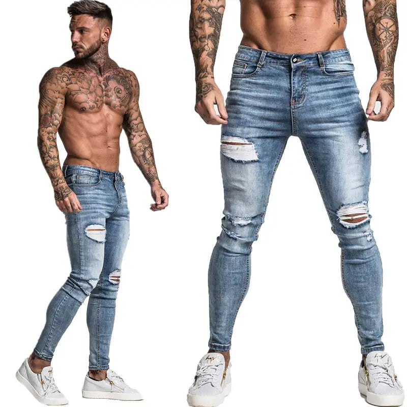 Gingtto Men Jeans Skinny Stretch Repaired Jeans Light Blue