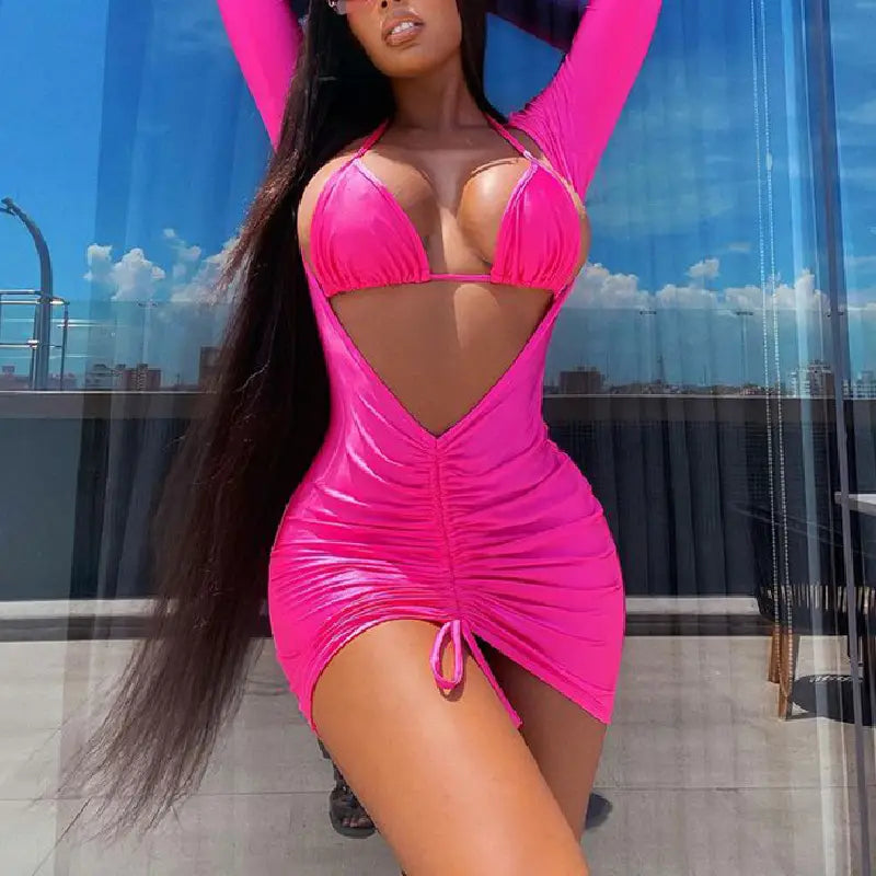 Fashion Bath Suit Solid Swimwear Thong Swimming Costume Pink