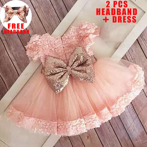 Infant Sequin Bow Baptism Dress for Girl Christening First 1st Birthday Dress Gown Party White Dresses for Baby Toddler Vestido - Mega Mart Center