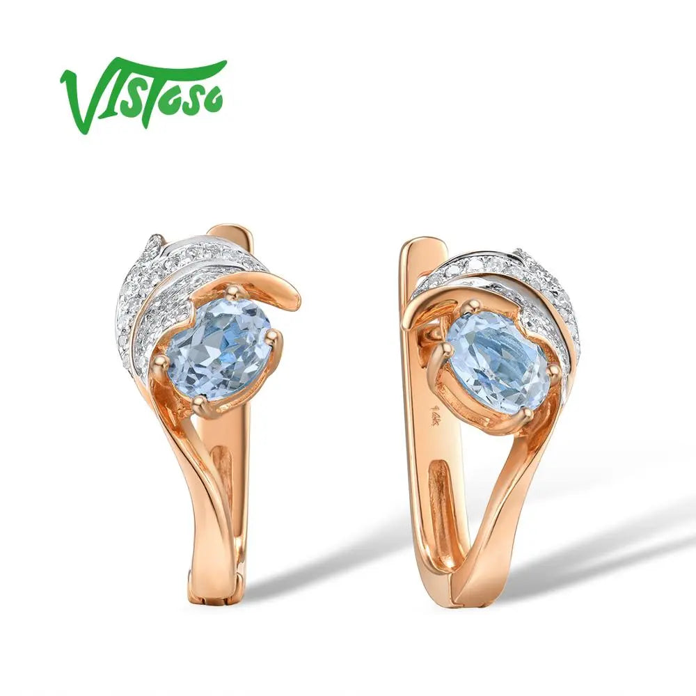 VISTOSO Gold Earrings For Women 14K 585 Rose Gold Glamorous Shiny Sky Blue Topaz Sparkling Diamond Luxury Trendy Fine Jewelry