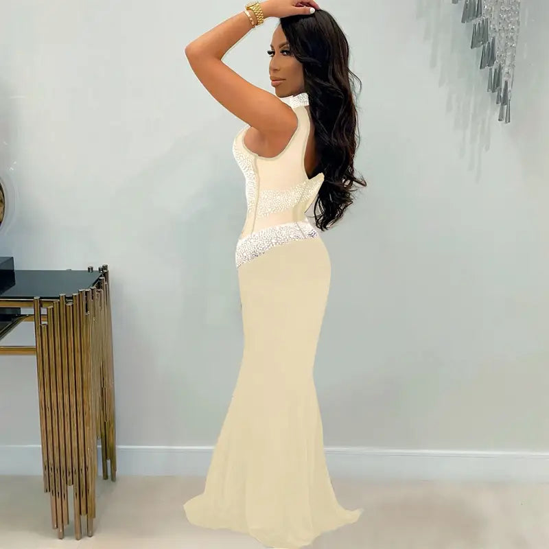 Rhinestone Women Long Maxi Dress Sheer Mesh Patchwork See