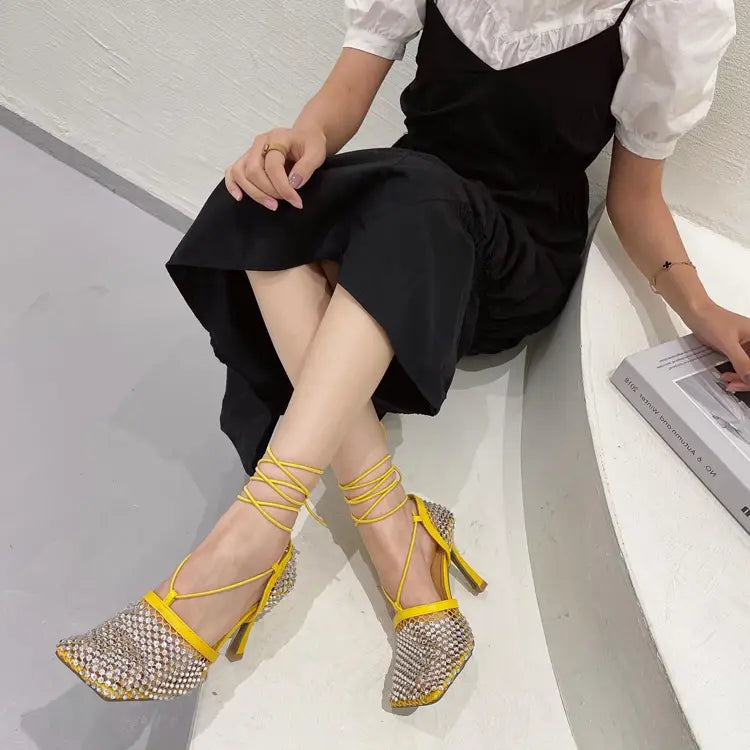 Eilyken Green Yellow Crystal Women Pumps Square Toe Fishnet