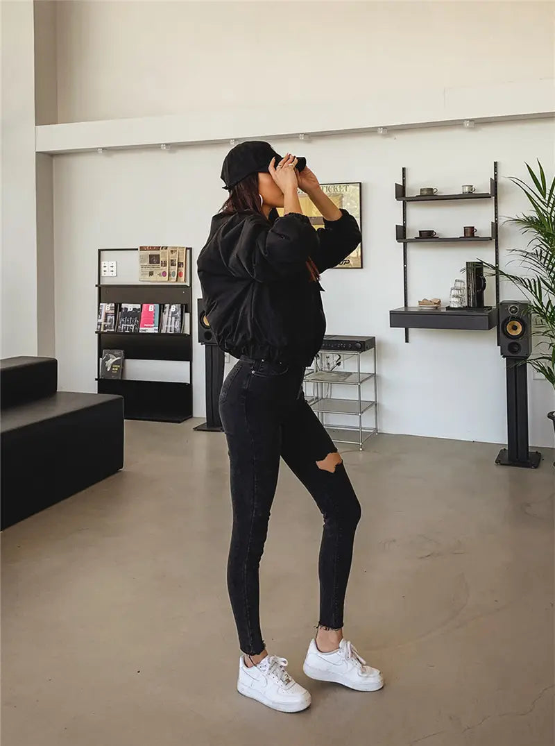 Sexy High Waist Tassel Ripped Holes Denim Pants Female