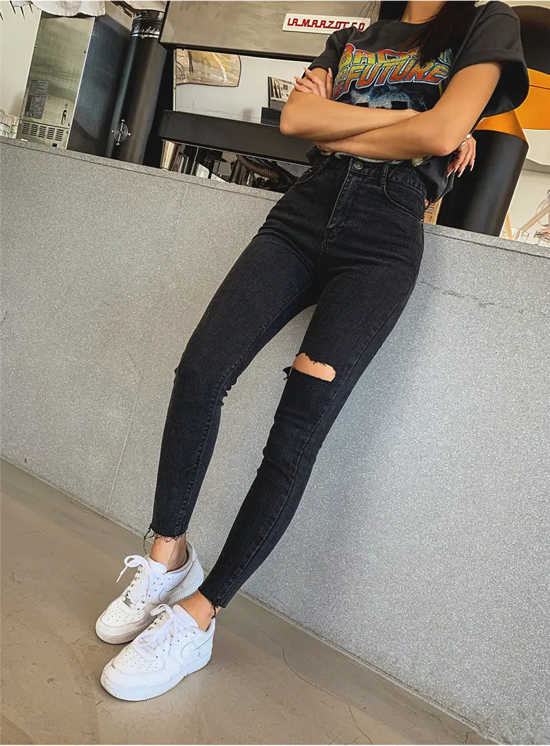 Sexy High Waist Tassel Ripped Holes Denim Pants Female