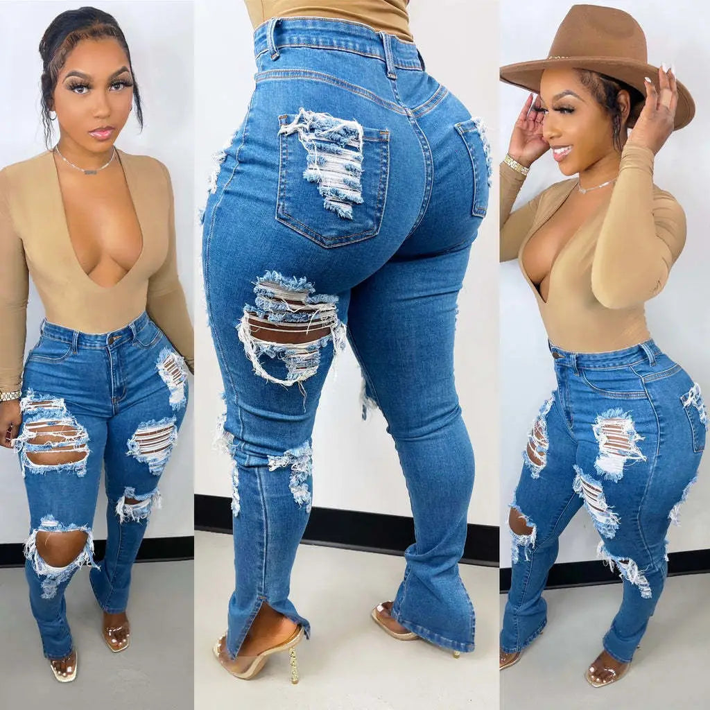 2022 Jeans Ripped Pant Buttons Good Stretch Casual Pants Wom
