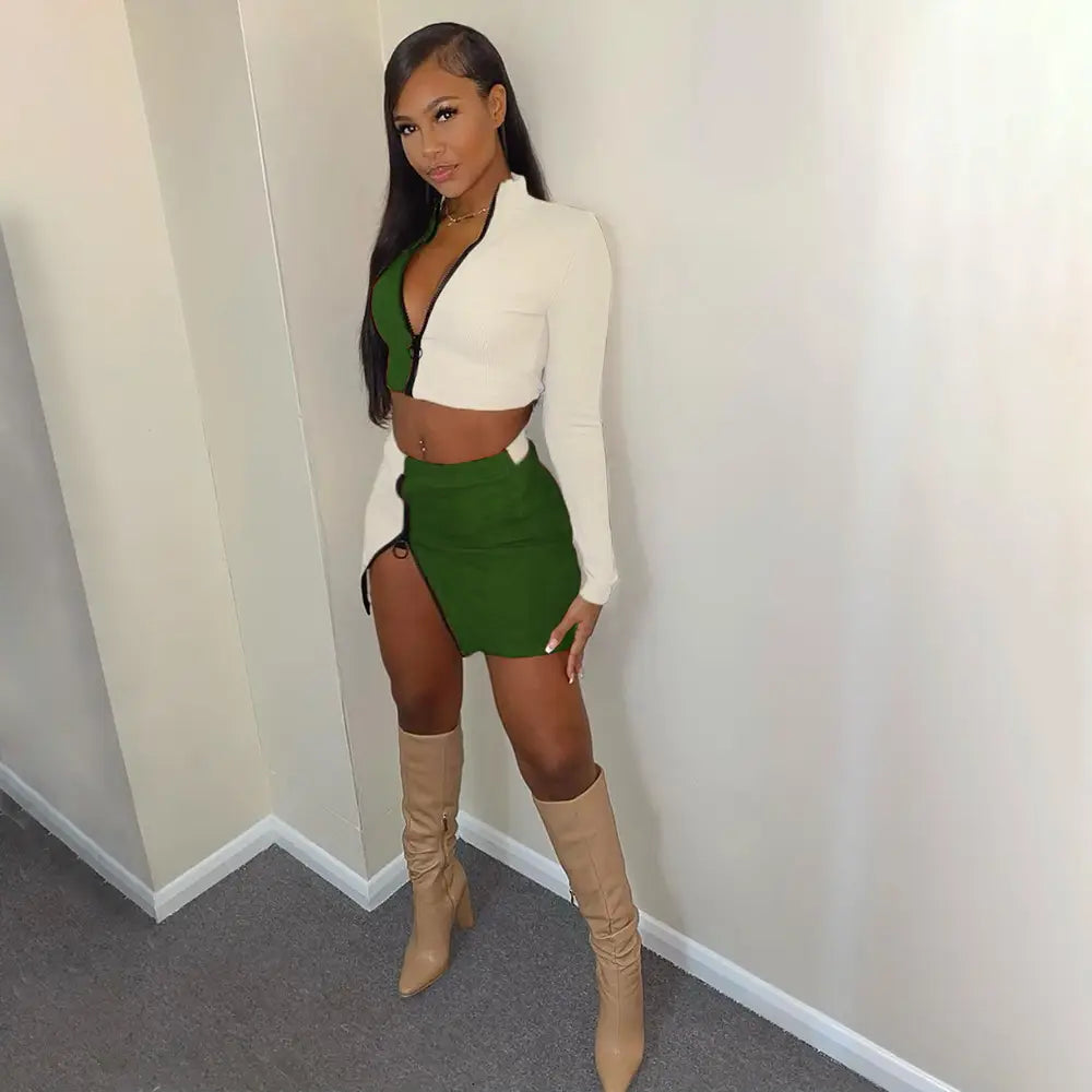 Ribbed sexy Two-piece suit matching supplier zipper short
