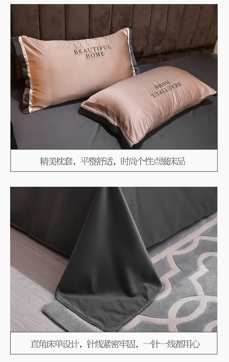 Luxury Bedding Sets Pink Grey White Rayon Embroidery Sheet