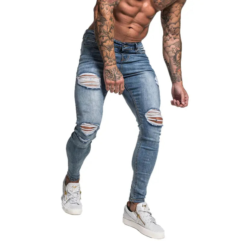 Gingtto Men Jeans Skinny Stretch Repaired Jeans Light Blue