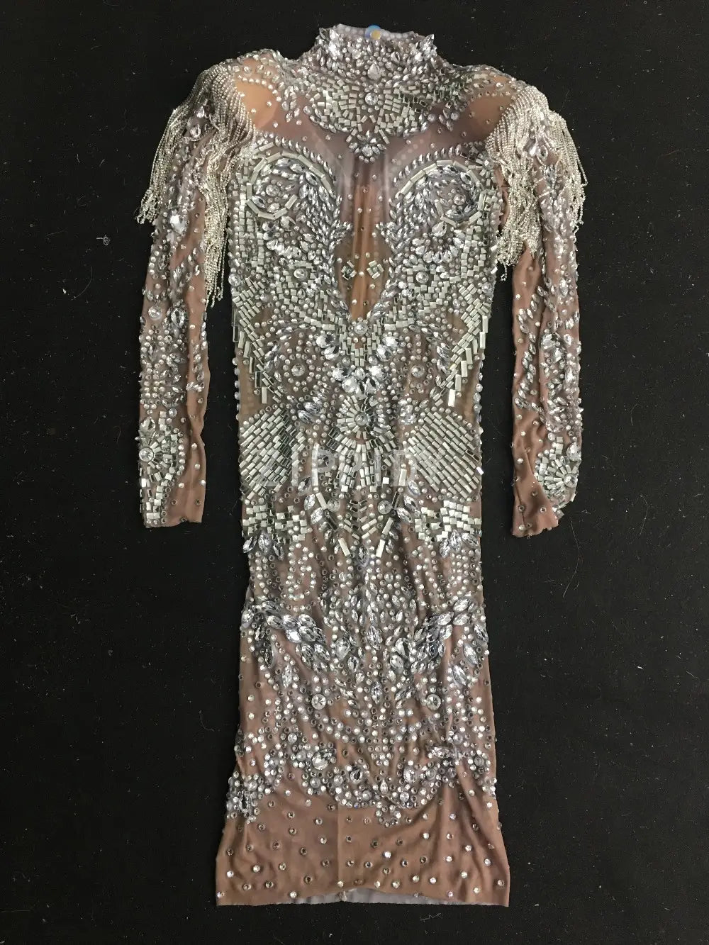 Sparkly Silver Rhinestones Fringe Transparent Dress
