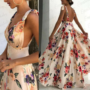 Women Boho Summer Floral Sleeveless V-Neck Backless Vintage Long Maxi Dress Ladies Party Evening Summer Beach Sundress - Mega Mart Center