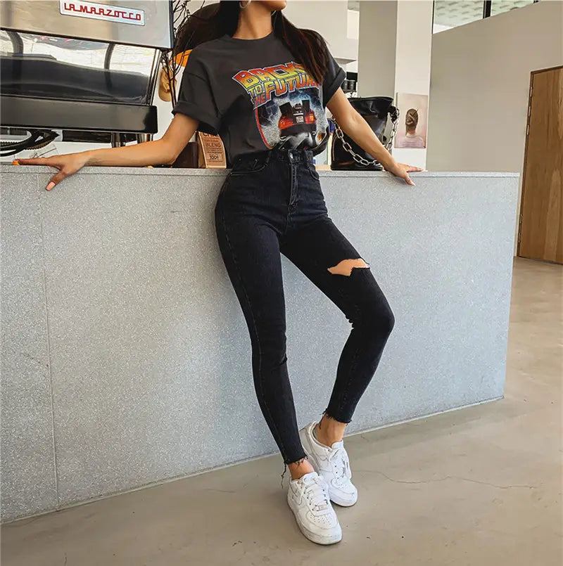 Sexy High Waist Tassel Ripped Holes Denim Pants Female