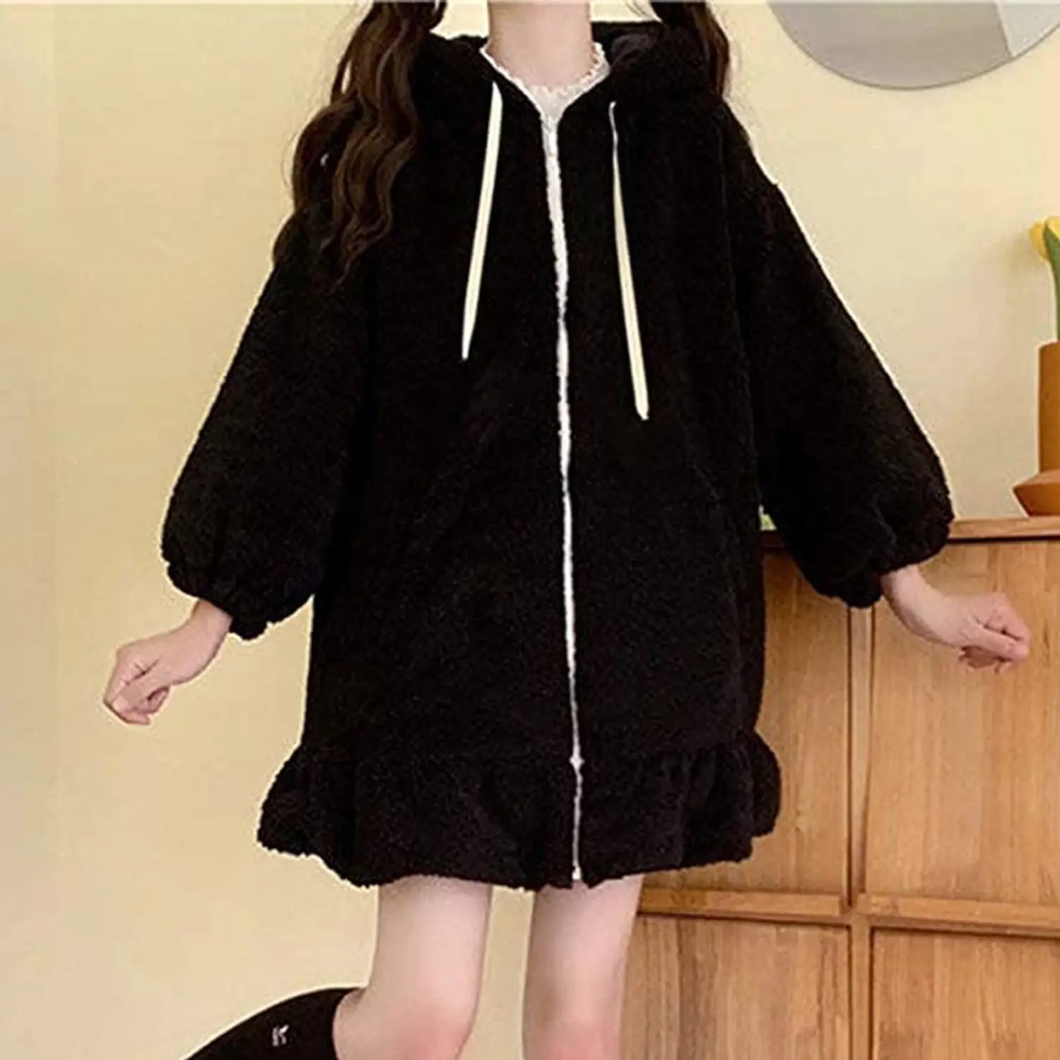 Rabbit Ears Hoodies Women Zip-up Sweatshirts Coat Long