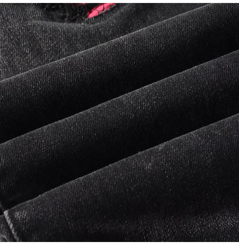 Men Cracked Leather Patch Biker Jeans Streetwear Pleated