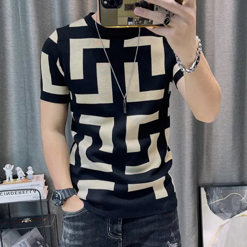 3 Color Short Sleeve Knitting T-Shirt Men Slim Streetwear