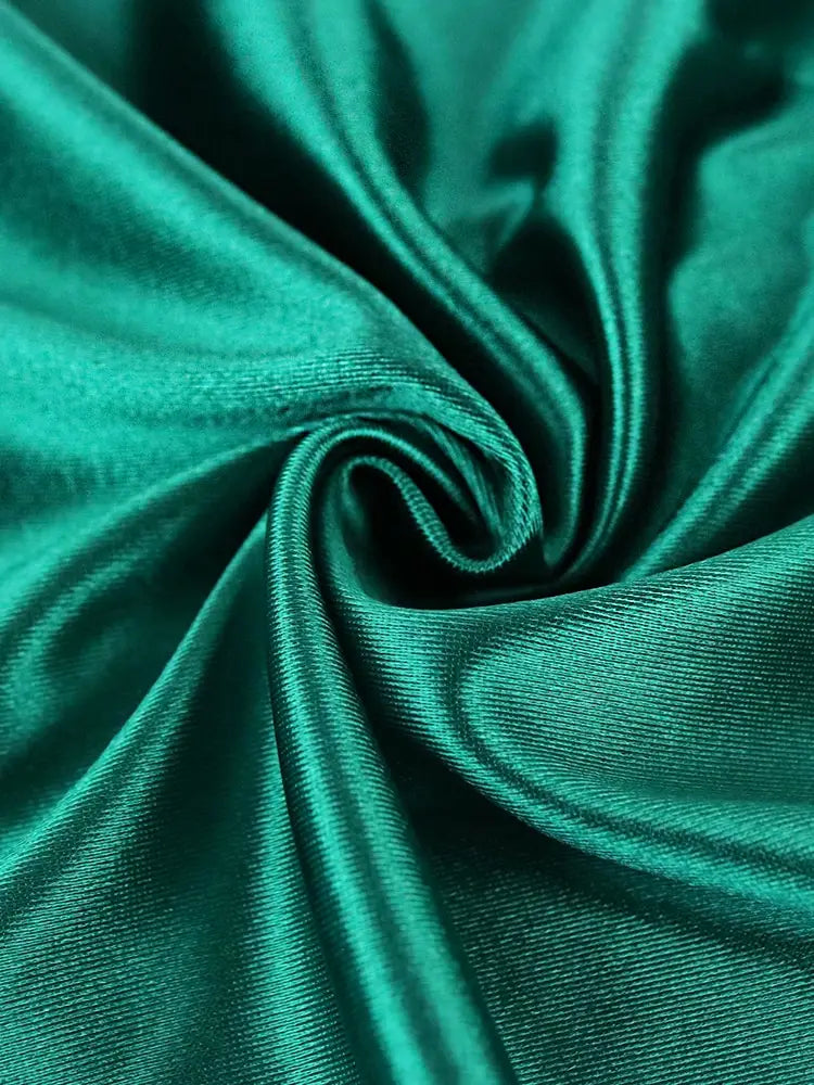 Long Sleeve Green Dresses Bodycon Elastic Satin Smocked Midi