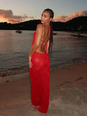 Sexy Hanging Neck Hollow Out Red Maxi Dress Sexy Off Shoulder Backless Slim Dresses 2024 Summer Street Nightclub Partywears - Mega Mart Center
