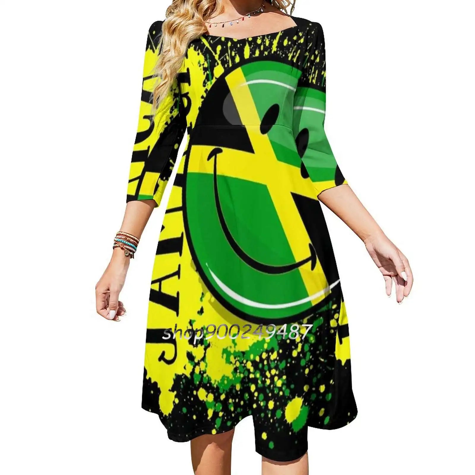 A Splash Of Jamaica Smiling Jamaican Flag Sweet Elegant Dress Women Korean Kawaii Square Collar Dress Artistic Jamaica Jamaican