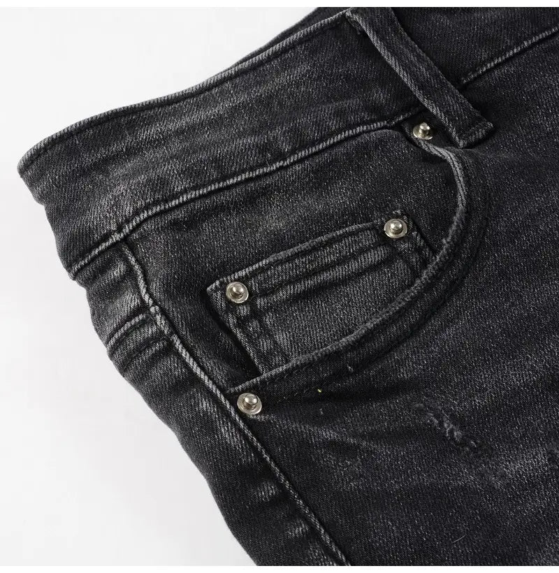 Men Cracked Leather Patch Biker Jeans Streetwear Pleated