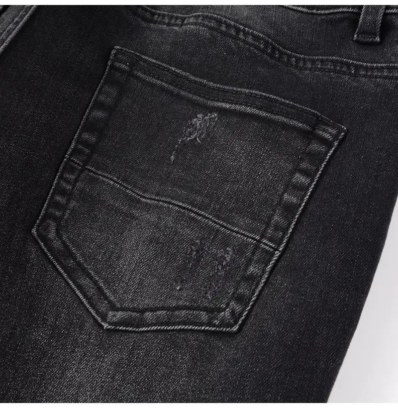 Men Cracked Leather Patch Biker Jeans Streetwear Pleated