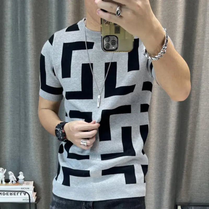 3 Color Short Sleeve Knitting T-Shirt Men Slim Streetwear