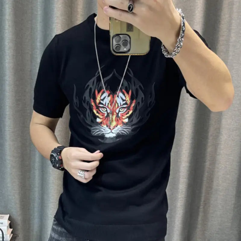 3 Color Short Sleeve Knitting T-Shirt Men Slim Streetwear