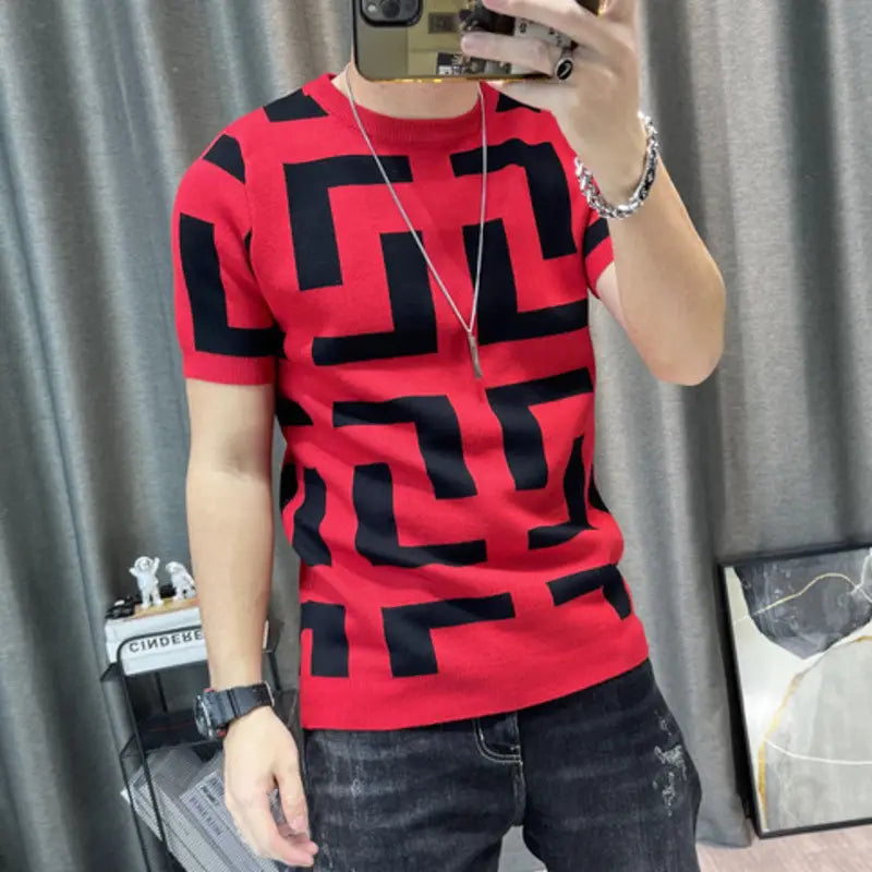 3 Color Short Sleeve Knitting T-Shirt Men Slim Streetwear